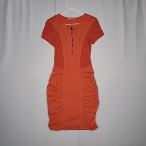 XCVI Wearables Dress XS Ruched Bodycon Zip Cap Sleeve Lagenlook Orange Coastal